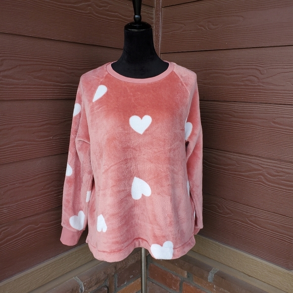 LOFT Dusty Rose and White Heart Velour Pullover Top Women's Size Large - Picture 1 of 14
